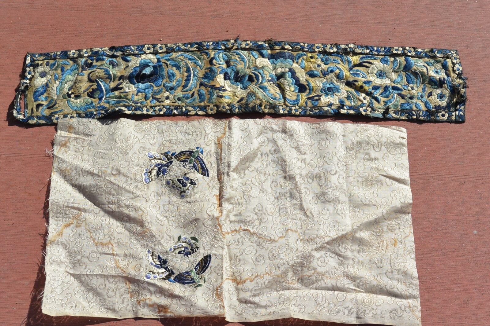 2 Late 19c Chinese Silk Embroidery Textile Panel Robe Sleeves Band Parts