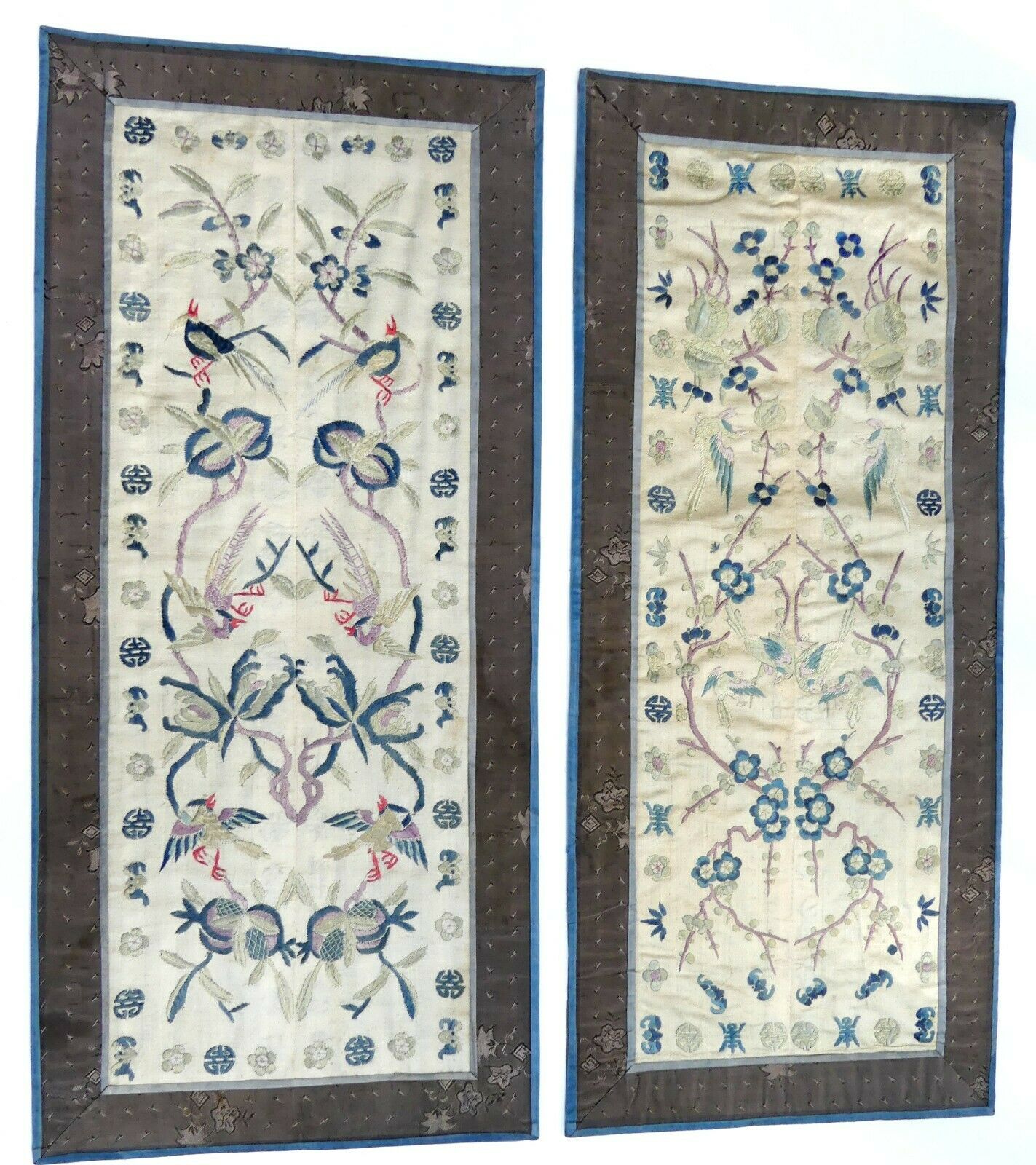 Antique Pair Chinese Hand Embroidered Silk Panels