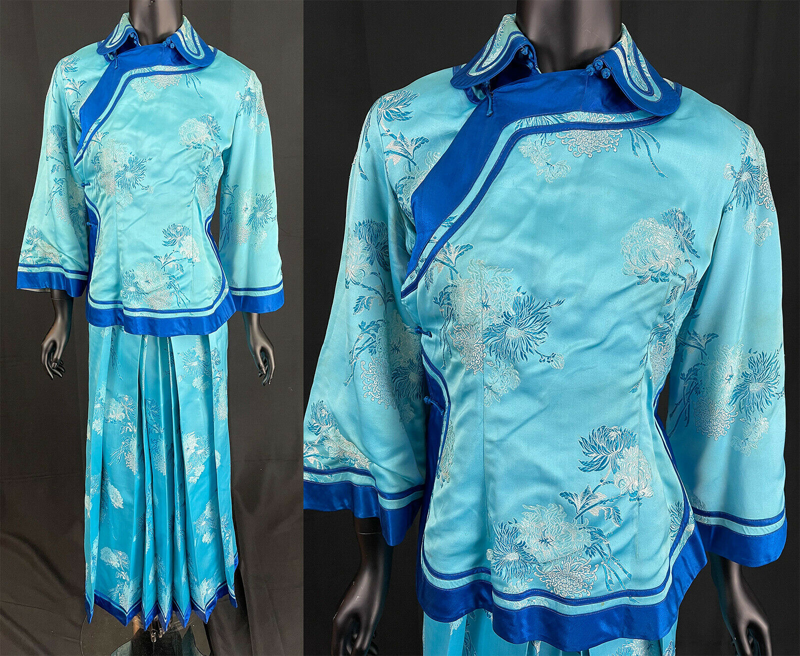 Antique Chinese Chrysanthemum Blue Damask Wedding Dress Robe Jacket & Skirt Vtg