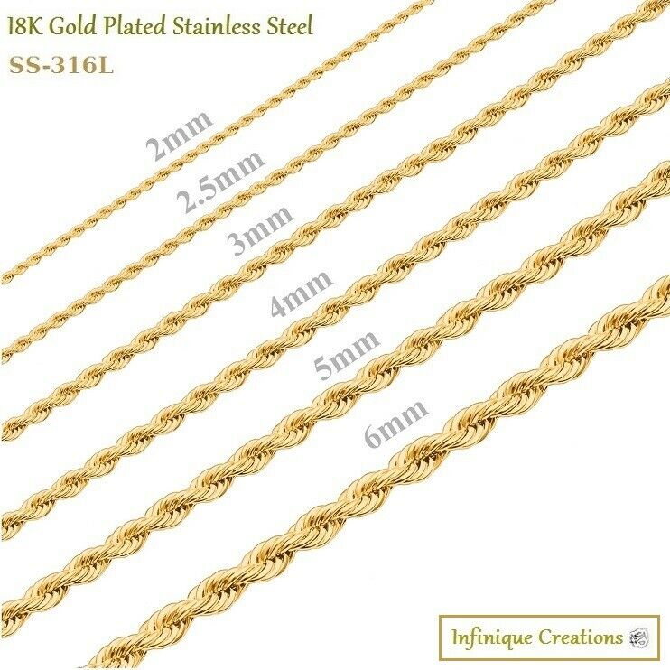 18k Gold Plated Stainless Steel Rope Chain Bracelet Necklace Men Women 2-8mm
