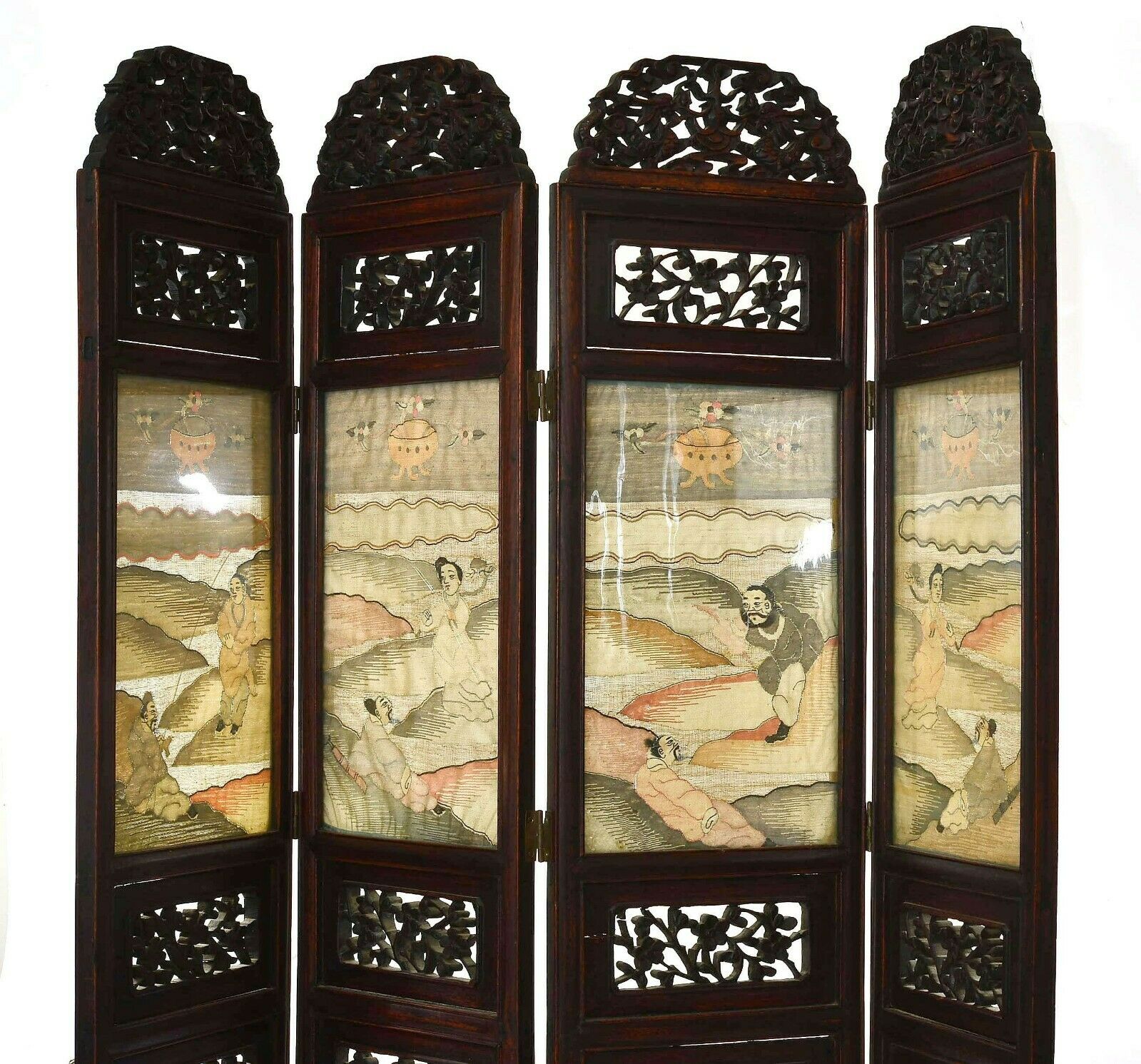 19c Chinese Kesi Kossu Silk Embroidery Hardwood Wood Carved Screen Panel Dragon