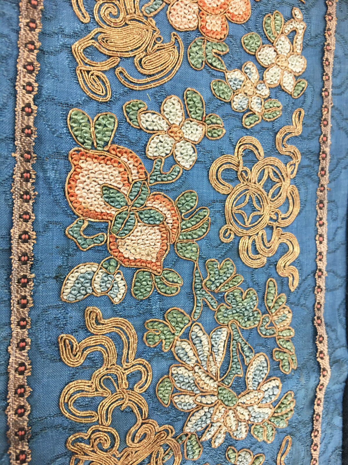 Antique Chinese Embroider Panel Cloud Gauze Forbidden Stitch Gold Couched Thread