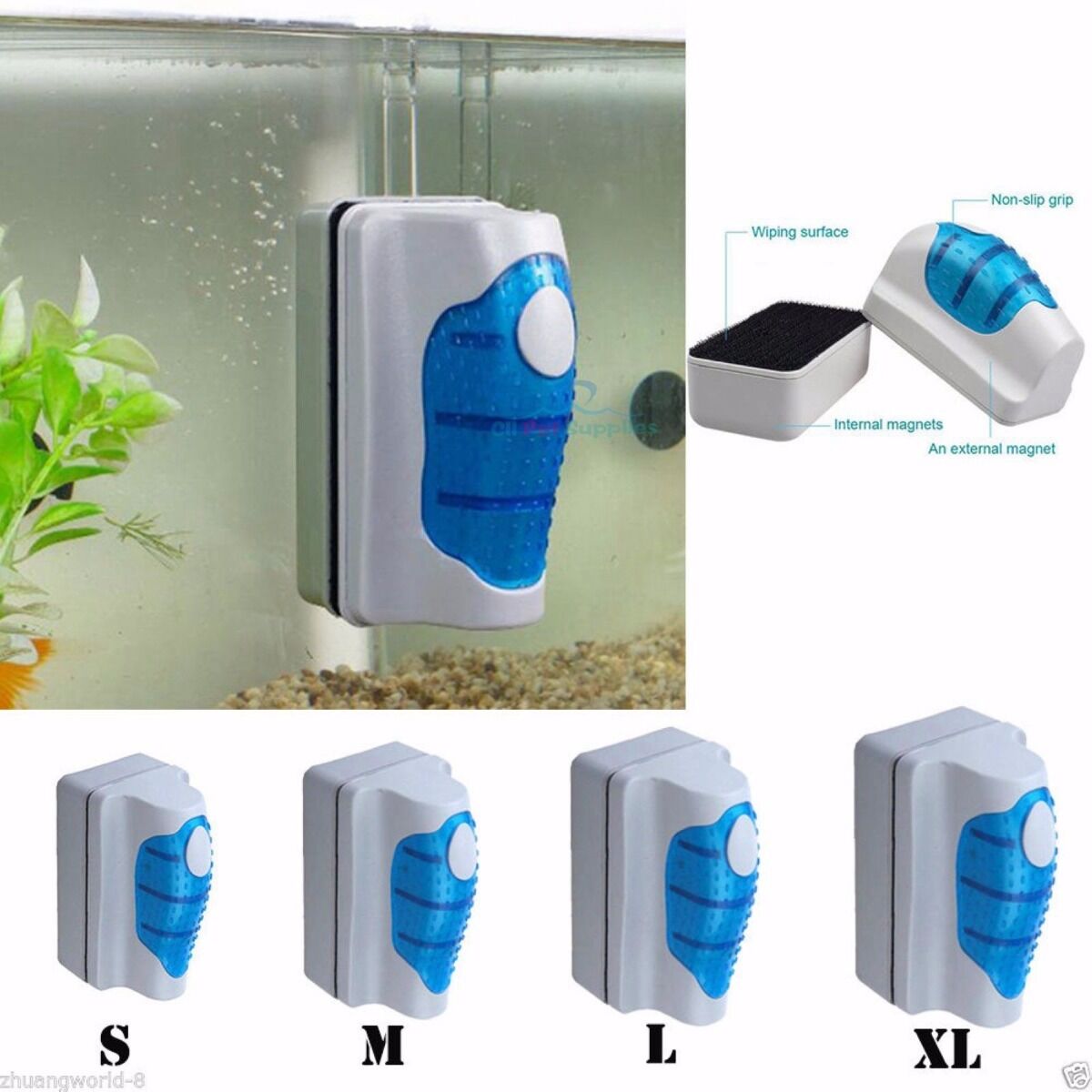 Aquarium S/xl Fish Tank Floating Magnetic Glass Cleaner Algae Brush Scrubber