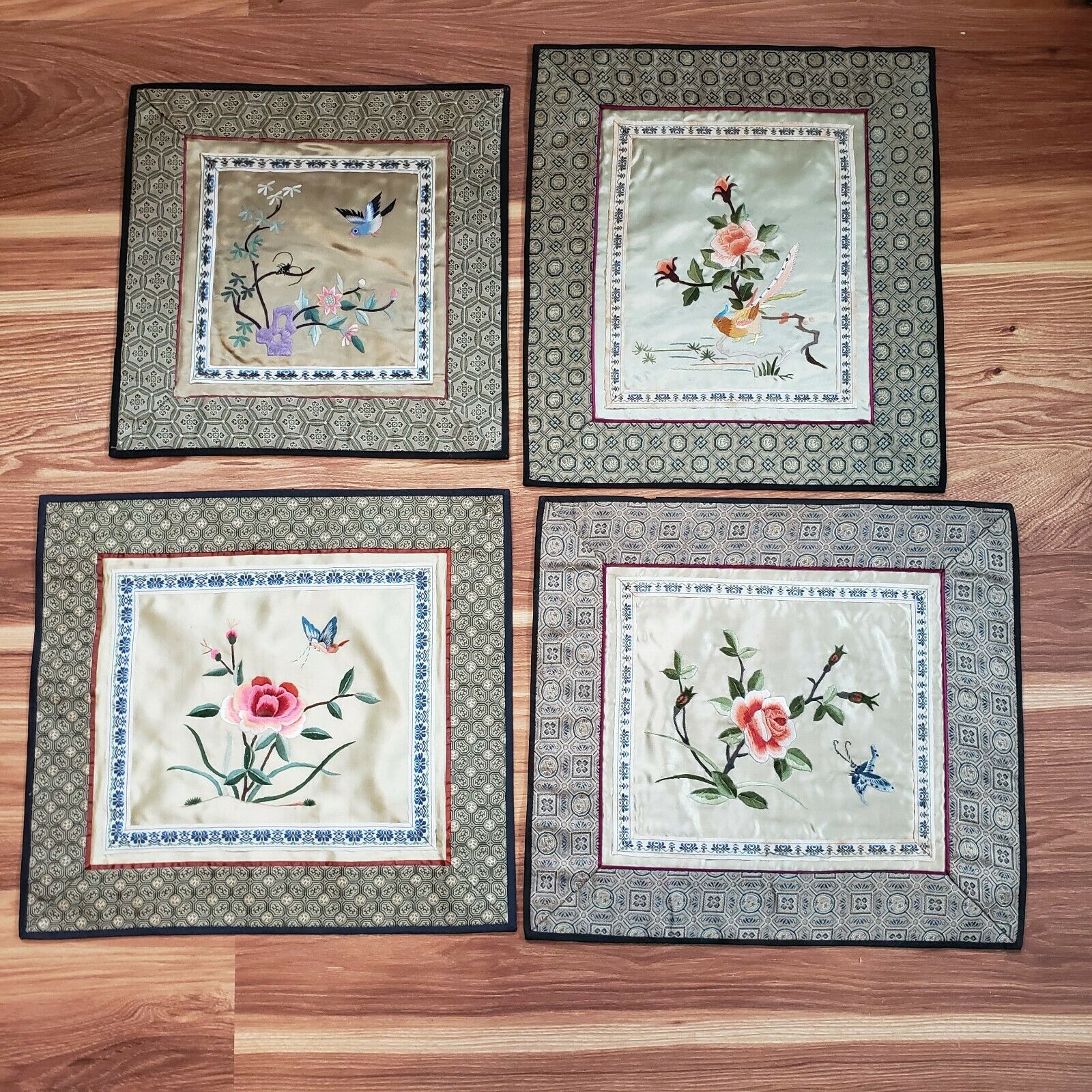 Set Of 4 Vintage Chinese 100% Silk Embroidery Tapestry Textile Panel Flower Bird
